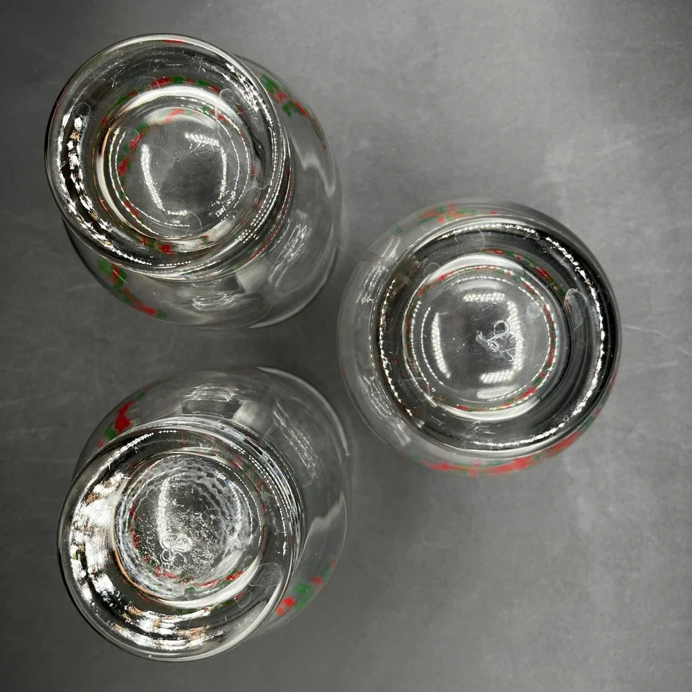 Vtg Libbey Christmas Holly & Ribbon Glass Tumblers Set of 3 Clear 14oz Footed